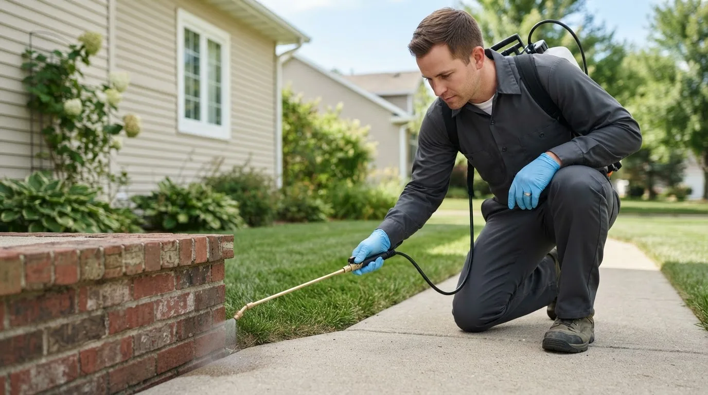 Pest control technician treating a home near Andover, NH